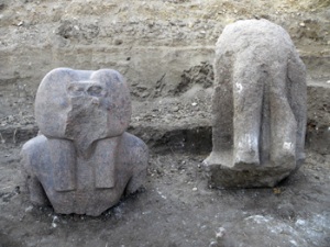 Two red granite statuary fragments found at the site of Amenhotep III's mortuary temple on the west bank of Luxor (Photo: SCA)